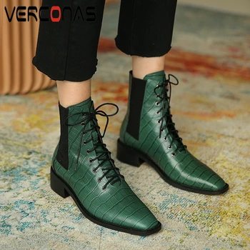 

VERCONAS Office Lady Fashion Ankle Boots For Women Genuine Leather Low Heels Shoes Woman Autumn Winter New Lace-Up Basic Boots
