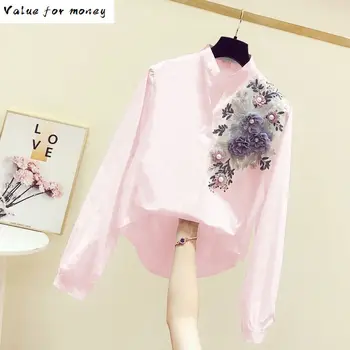 

new spring 2020 Korean fashion embroidery embroidered decoration V-neck long-sleeved shirt female white shirt