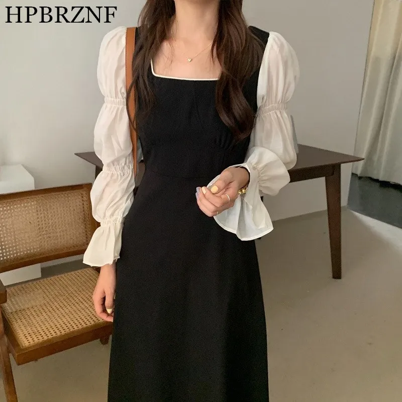 

Korean Chic Fashion Patchwork Dress Women Flare Sleeve Elegant Vestidos Spring Autumn Square Neck Fashion Long Dresses
