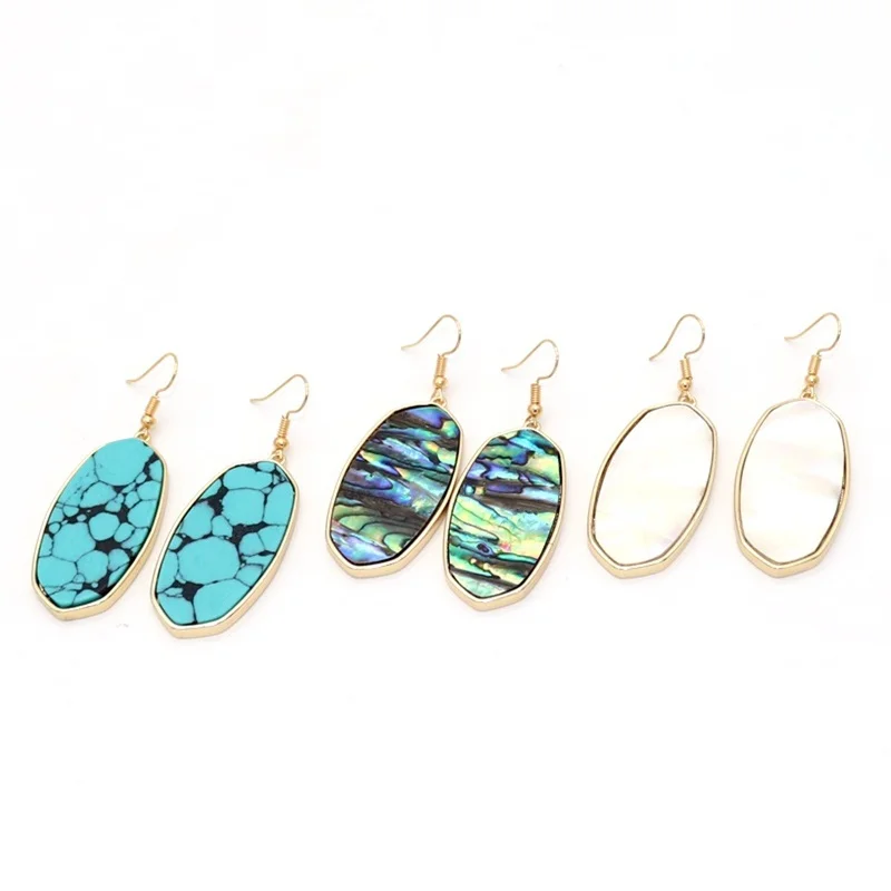 Модные свисающие серьги Abalone овальные золотые с шестигранной головкой корейские