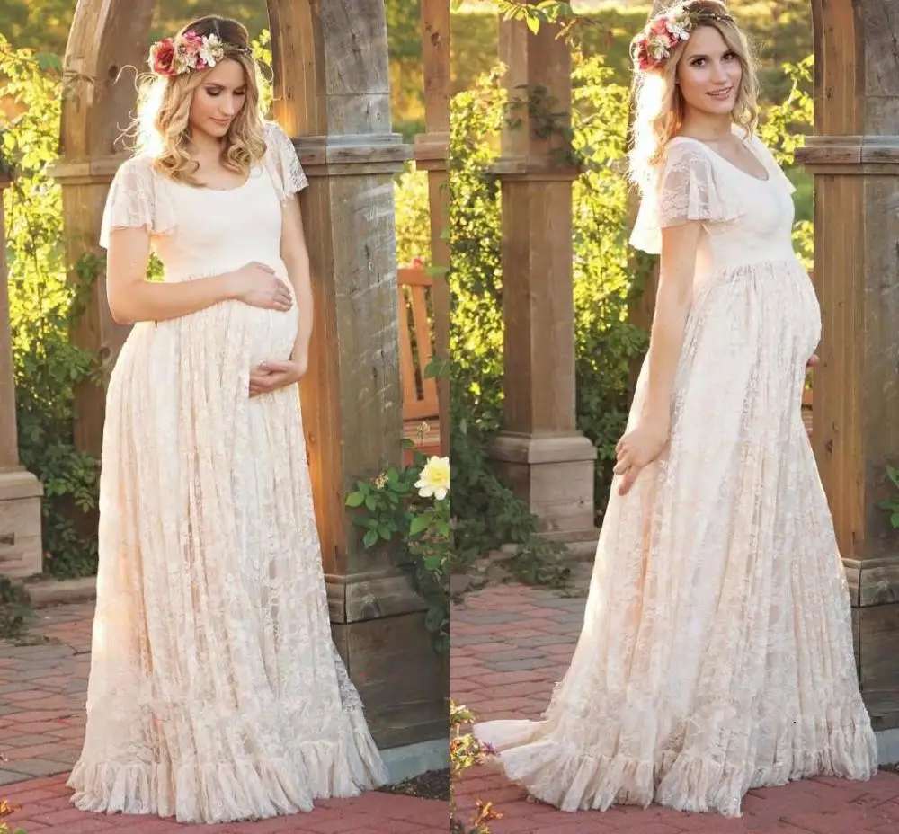 

Ivory Lace Boho Garden Wedding Dresses 2019 Vintage Maternity Pregnant Dresses For Brides Country Bridal Gowns Robes de mariee