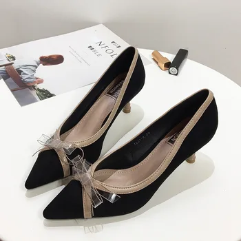 

Single Shoe Woman Bow Sharp Fine With High-heeled Shoes Shallow Mouth Velvet Noodles Women's Shoes
