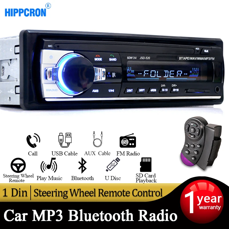 차량용 오디오 플레이어, FM 라디오 음악, USB SD, 대시 AUX 입력, 1 딘 블루투스, 12V, Mp3, 60Wx4 
