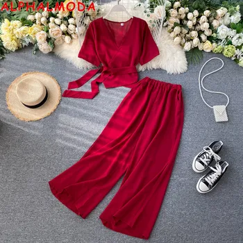 

ALPHALMODA 2020 Summer Women Chiffon Short-sleeved One Piece Binding Blouse Wide Leg Pants Casual Costume Suit Clothes Set