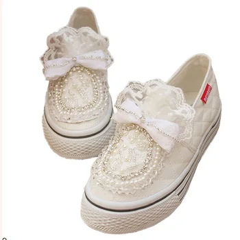 

White Pearls Women Sneakers Casual Canvas Shoes Students Low Top Vulcanized Shoes Crystal Lace Bride Wedding Flats Basket Femme
