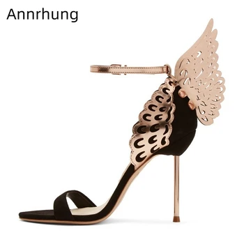 

Walking Butterfly-wing Gladiator Sandals Women Metal Thin Heels One-strap Open Toe Cover Heel Black Suede Banquet Shoes Woman