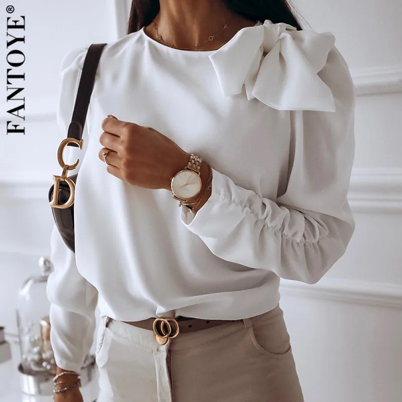 

FANTOYE Casual Bow Crew Neck Long Sleeve Blouse Shirt Women Ruffle Blouse Top Shirt Female Christmas White Solid shirt 2019