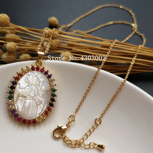 Натуральная Грация и девственница Guadalupe, жемчужное ожерелье в виде ракушки для женщин AAA CZ San Benito, жемчужное ожерелье в виде ракушки для подарка - Окраска металла: 25x34  mount carmel