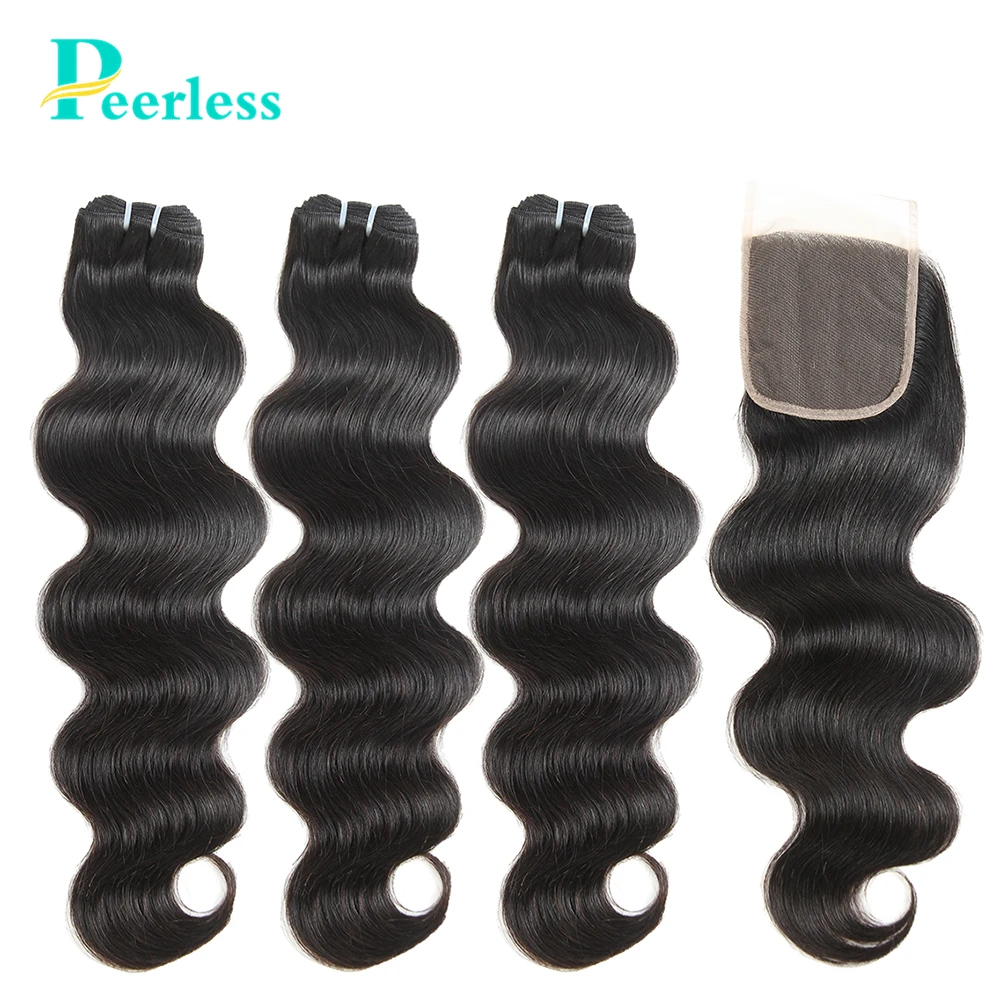 PEERLESS Virgin Hair бразильские объемные волнистые пряди с закрытием 4*4 Средний коричневый Швейцарский Кружевной средний коэффициент необработанные человеческие волосы для наращивания