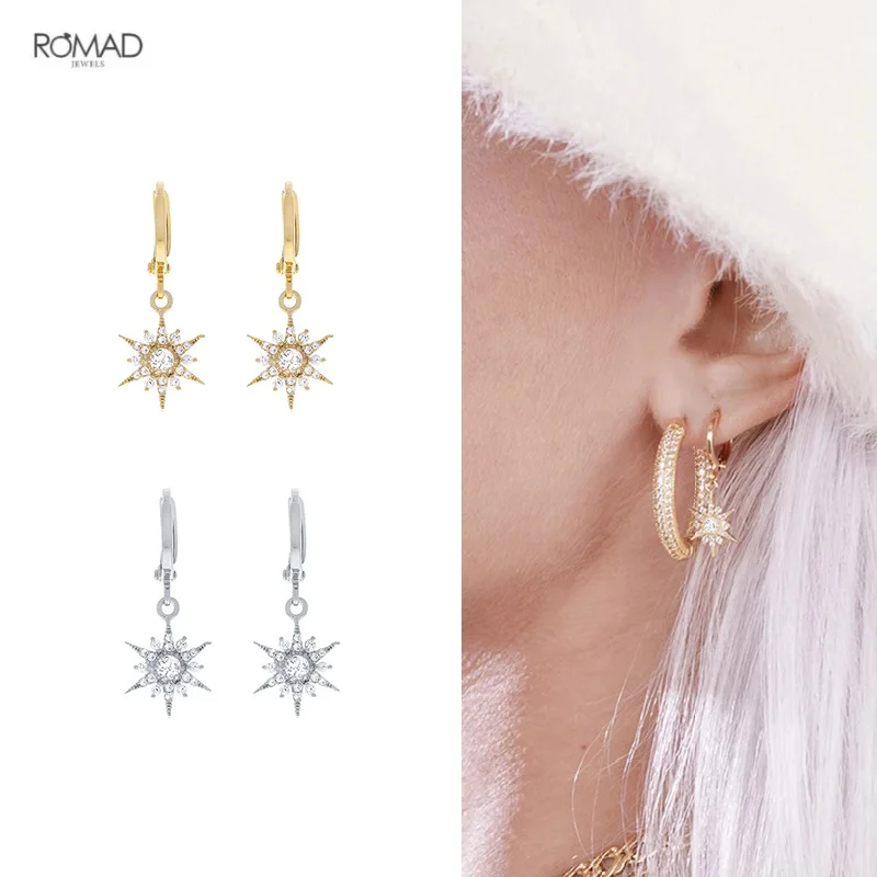 

ROMAD 925 Sterling Silver Star pendientes Hoop Earrings for Women Luxurious Ins Zircon Huggie Earings Fine Jewelry Gift kolczyki
