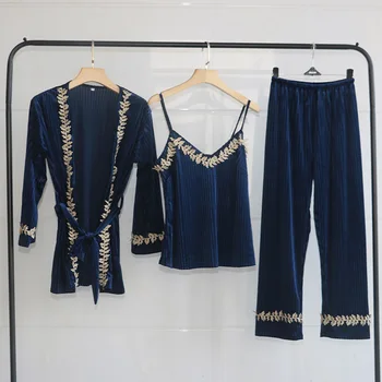 

Sweet Gold Leaf Trim 3PCS Pajamas Sets Women Sexy Backless Strap Top&Pant Velour Sleepwear Autumn New M-XL Lounge Nightwear