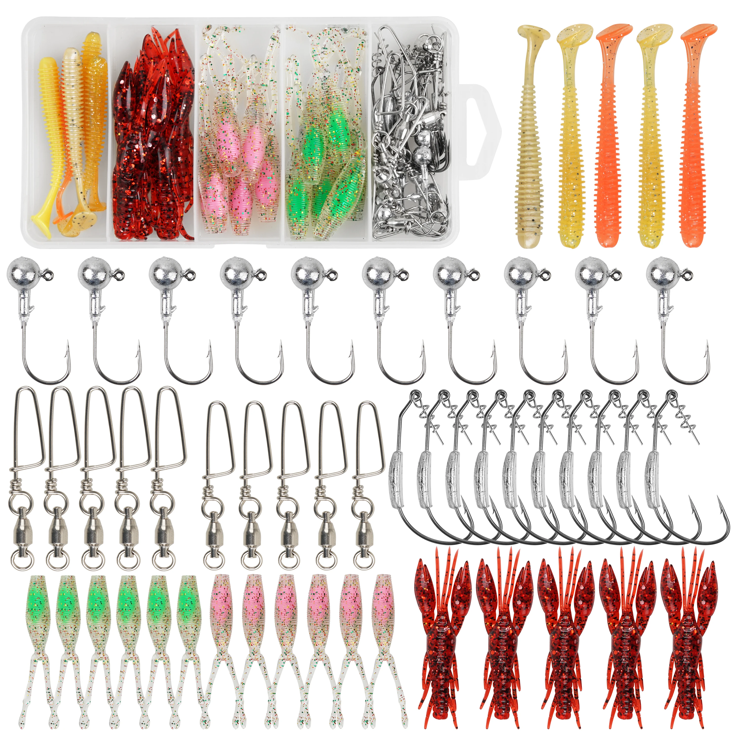 

52PCS Soft Plastic Fishing Lures Included Craw Baits Curved Tail Grubs Weighted Hooks Ball Bearing Swivels for Bass, Trout
