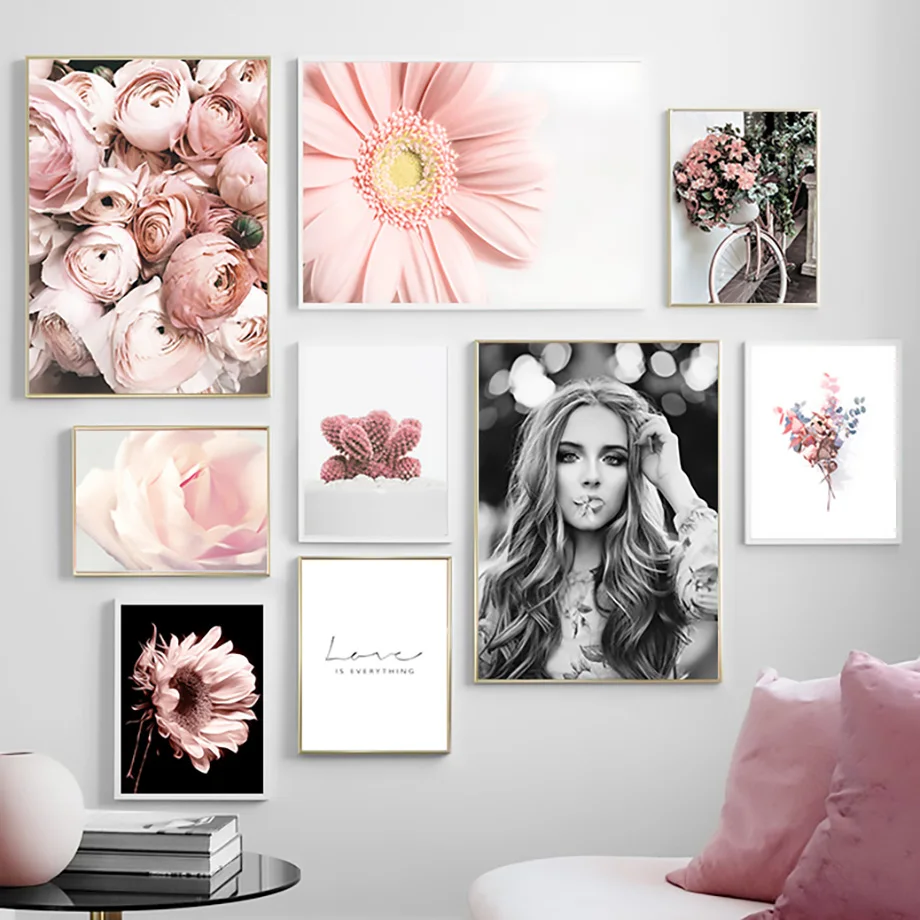 Pink-Flower-Rose-Gerbera-Fashion-Girl-Wall-Art-Canvas-Painting-Nordic-Posters-And-Prints-Wall-Pictures