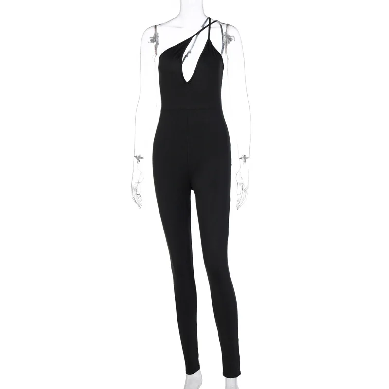 Ladies Bodycon Jumpsuit Sexy Hollow Out Women Jumpsuit One Shoulder Solid Elastic Slim Sporty Streetwear Rompers Outfits