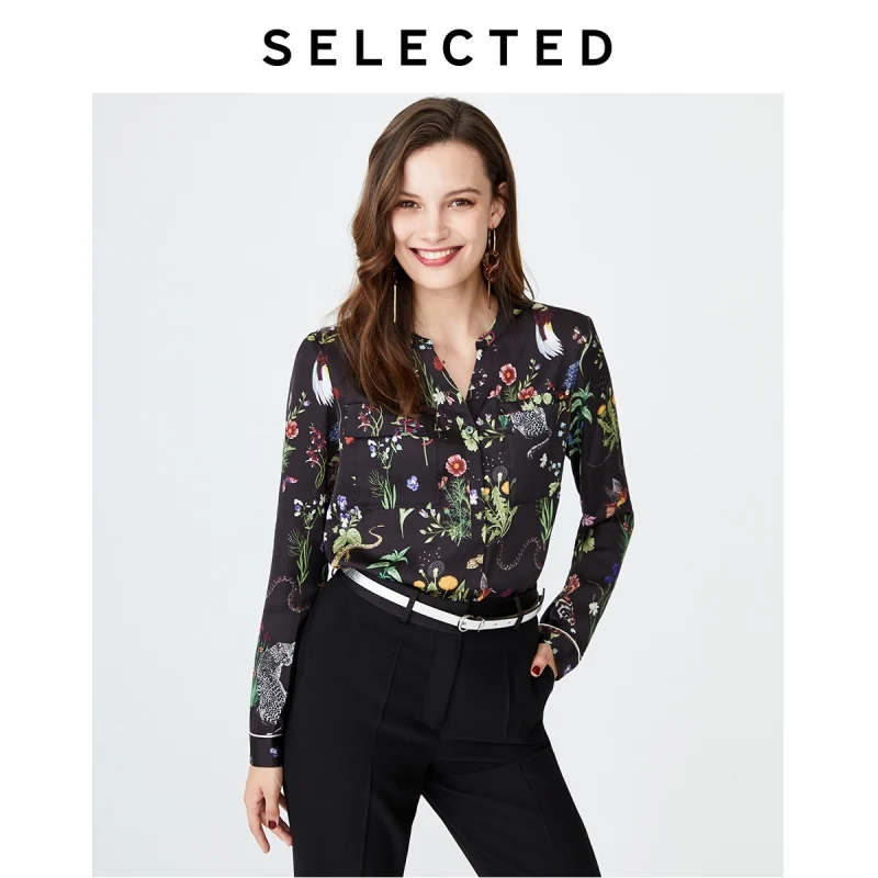 Свободная шифоновая рубашка с v-образным вырезом и длинными рукавами принтом