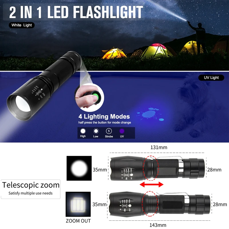 Portable UV LED Flashlight 2 in 1 Purple White Light Flashlight Black Light Ultraviolet Torch Ultraviolet Room Urine Detector