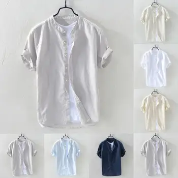 

2019 Hot Men's Loose Cotton Blend Solid Color Short Sleeve Button Retro Shirt