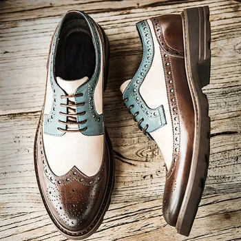 

Mens Brogue Shoes Color Block Carved Gentleman Leather Shoes VIntage British Style Casual Wedding Business Shoes Man Dress Shoes