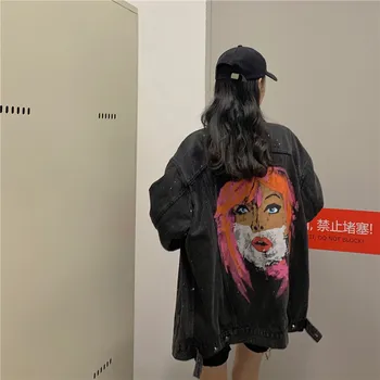 

2020 Spring And Autumn New Korean Style Loose Lazy Wind Character Hand-painted Coat Fashion Casual Old Denim Black S-L