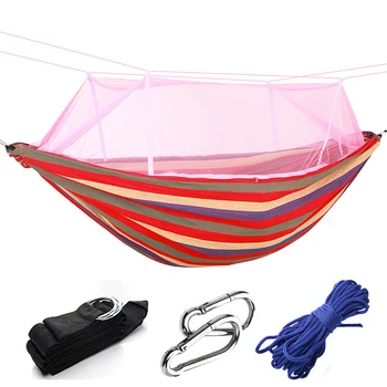 

Fashion Hammock Camping + Mosquito 230*150cm Outside Prevent Rollover Canvas Swing Hanging Chiar Red Stripe Leisure Hammoks
