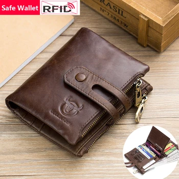 

RFID Blocking Anti Credit Card Fraud Genuine Leather Men Wallet Retro Style Double Zipper Three Folds Male Purse Card Holder