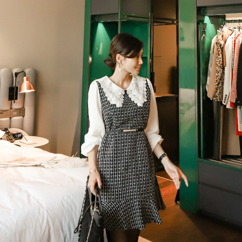Temperament of qiu dong han edition cultivate one's morality lapel splicing false two-piece waist dress