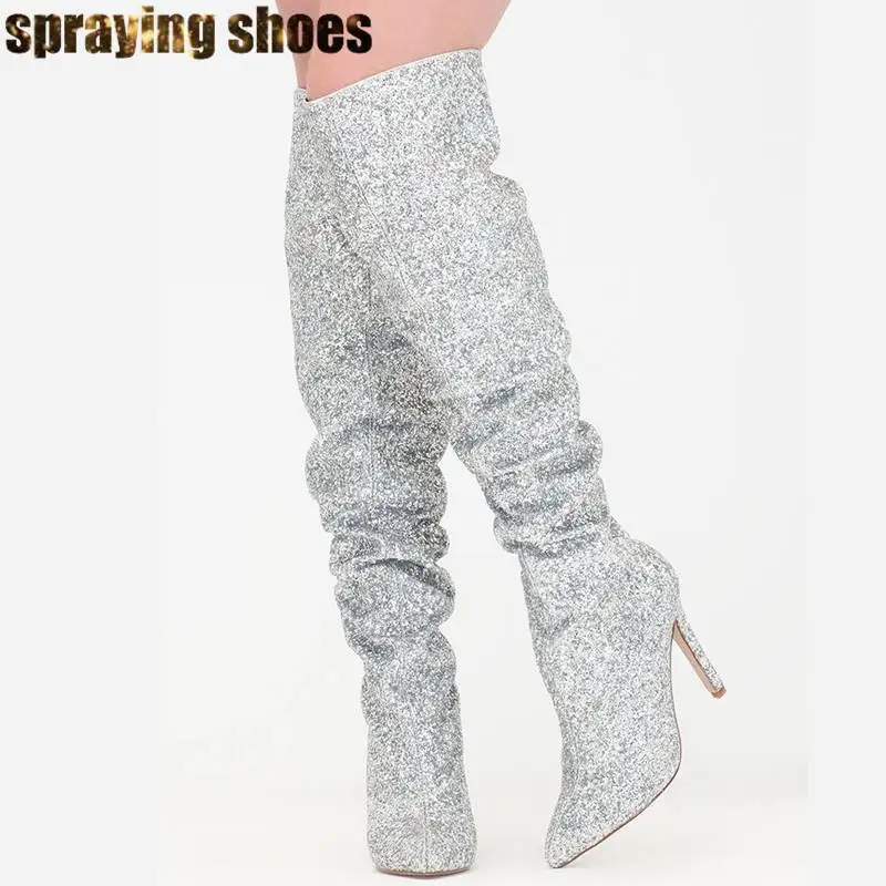 

Bling Silver/Gold Glitter Sequins Over The Knee Boots Women Pointed Toe Stiletto Thigh High Boots Sexy Ladies Party Shoes Woman