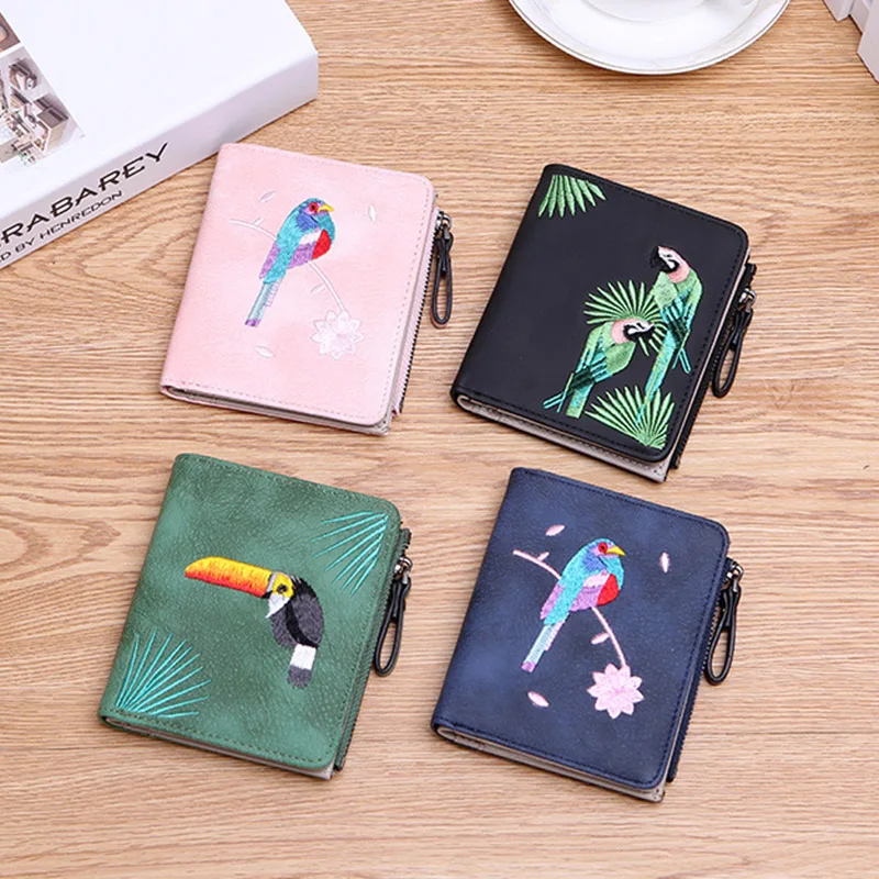 

Wallet Women Bird Embroidery Zipper Hasp Short Purse Leather Card Holder Women Wallets C55