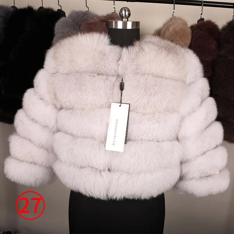 Женская куртка с натуральным лисьим мехом, зимняя модная короткая куртка из натурального меха, роскошное кожаное пальто - Цвет: 48cm-7