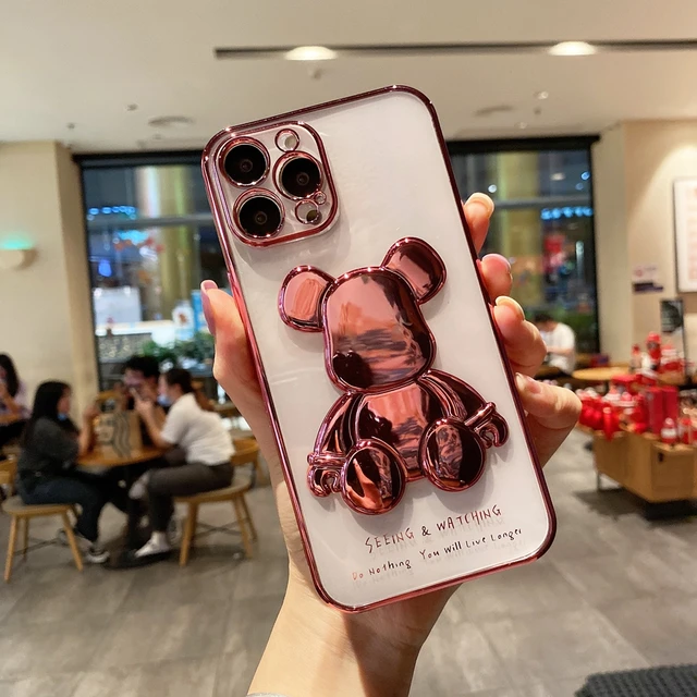 Cute Bear Plating Phone Case for iPhone 13 12 11 Pro Max X Xs Xr 8 7 Plus SE 2020 Transparent Silicone Lens Protection Cover Rose