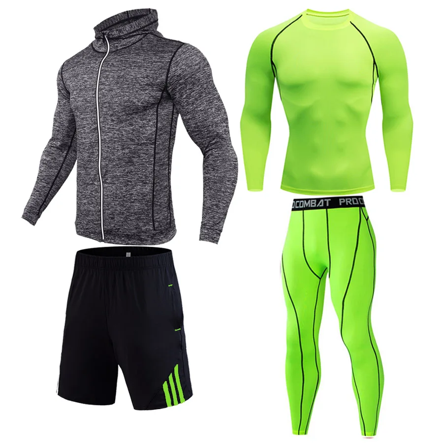 Новая однотонная мужская одежда для спортзала компрессионная футболка спортивные шорты леггинсы Толстовка термобелье xxxxl комбинация - Color: green4-piece suit