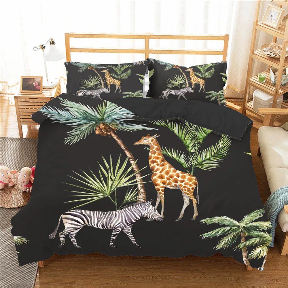 

Black Bedding Cover Home Textiles Giraffe and Zebra Printed Duvet Coverlet Set with Pillowcase King Single Size Bed Linens