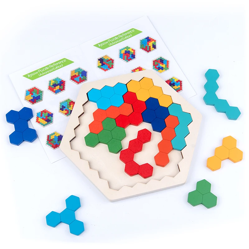 Wooden Hexagon Tangram Puzzles Brain Puzzle Game Kids Educational Toy Gift 