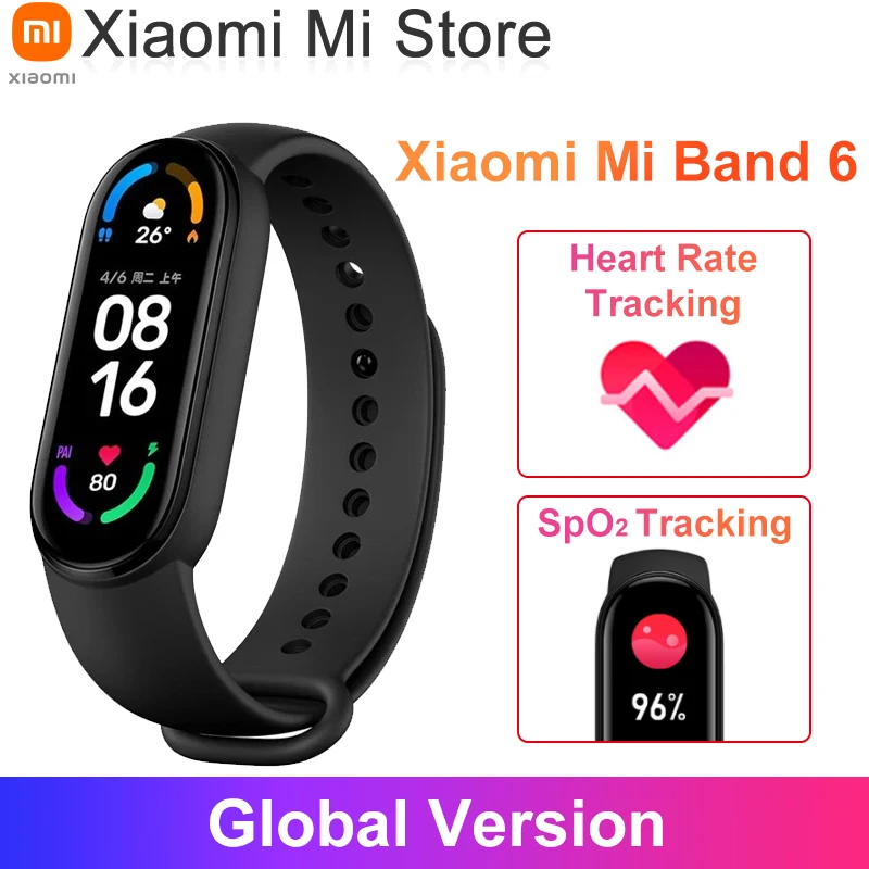 Global Version Xiaomi Mi Band 6 Smart Bracelet AMOLED Large Display Heart Rate Monitor Blood Oxygen Tracker Bluetooth Waterproof