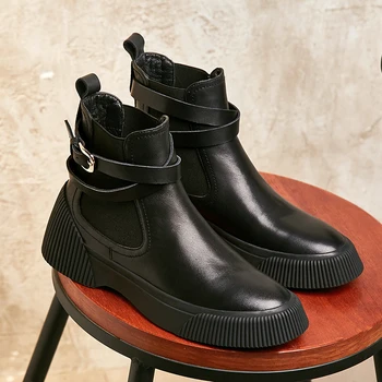 

Women's genuine leather slip-on platform flats ankle boots metal buckle autumn slip-on punk Chelsea boots high quality shoes hot