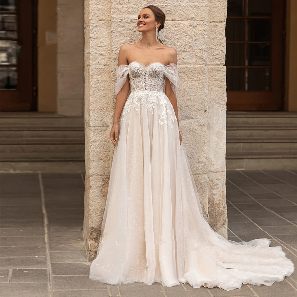 Modest White A-Line Wedding Dress 2022 Elegant Appliques Off the Shoulder Sweetheart Backless Flowy Shiny Polka Dot Bridal casual wedding dresses