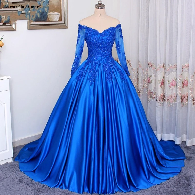 Vestido baile/Новое Кружевное атласное сексуальное платье с v-образным вырезом, с открытыми плечами, с длинным рукавом, королевское синее платье для выпускного вечера, турецкая ночь