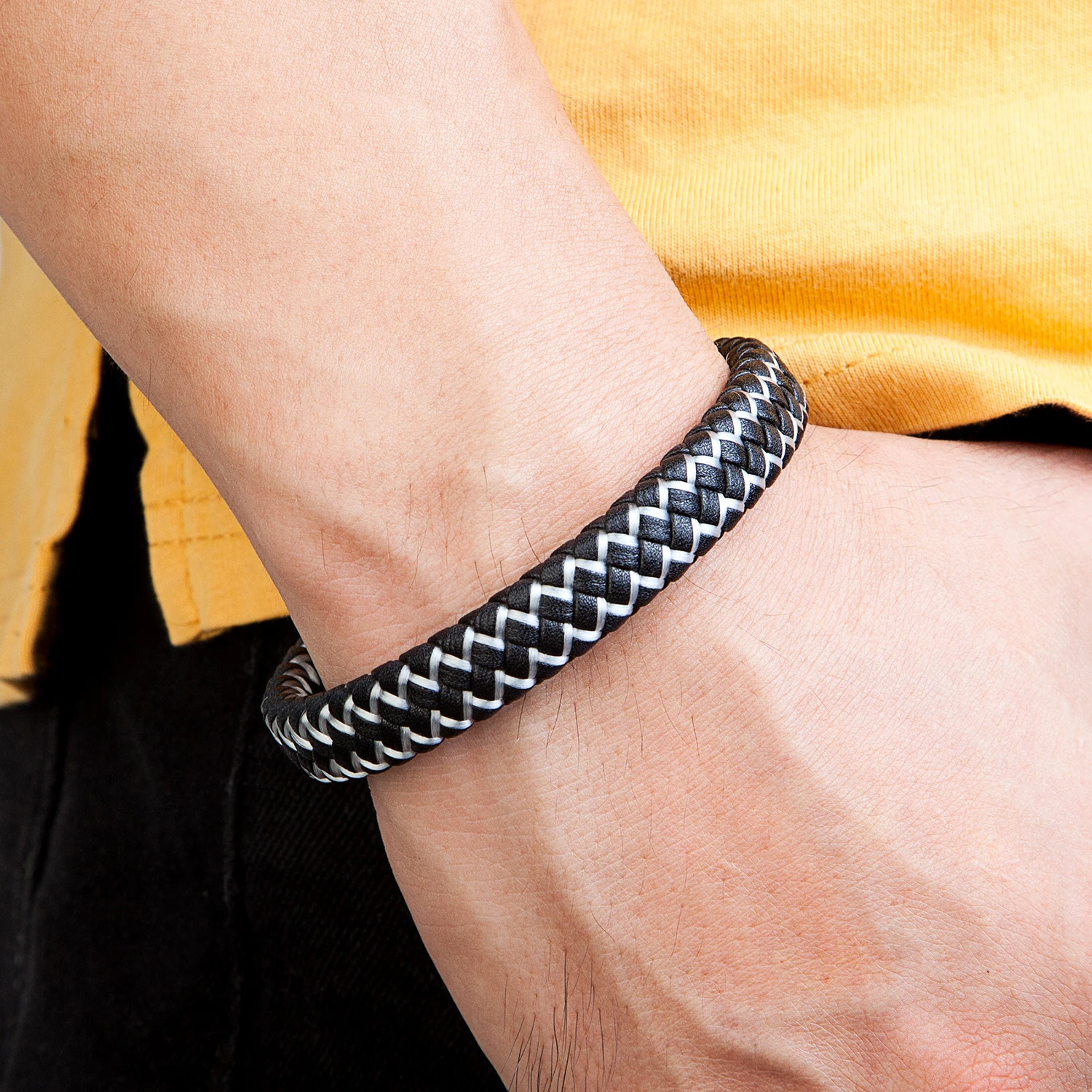 Bracelet Jewelry Fashion Genuine Leather Bracelet Men Black Braided Rope Bracelets For Male Metal Magnetic Clasp Bangles Jewelry