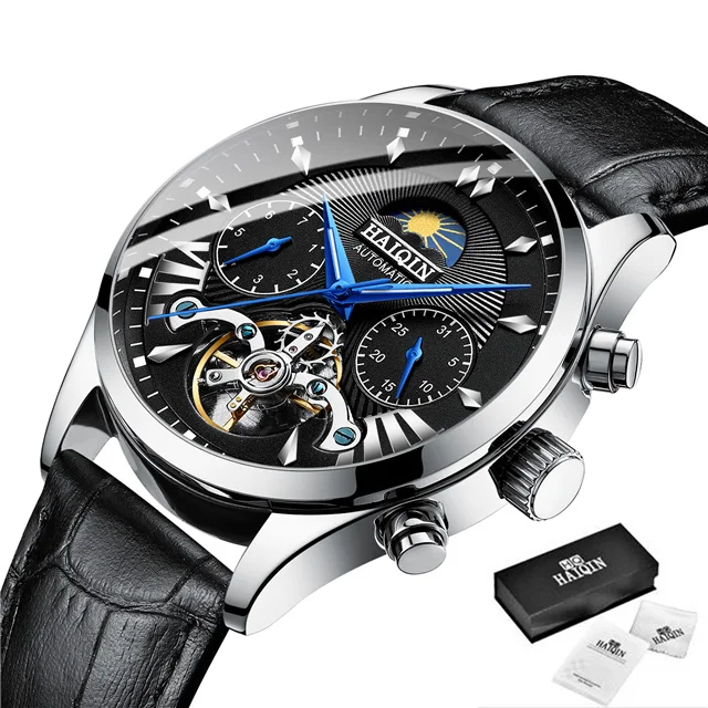 HAIQIN автоматические мужские часы Топ бренд наручные часы для мужчин tourbillon водонепроницаемые часы мужские стальные часы reloj hombre - Цвет: Silver-black-L
