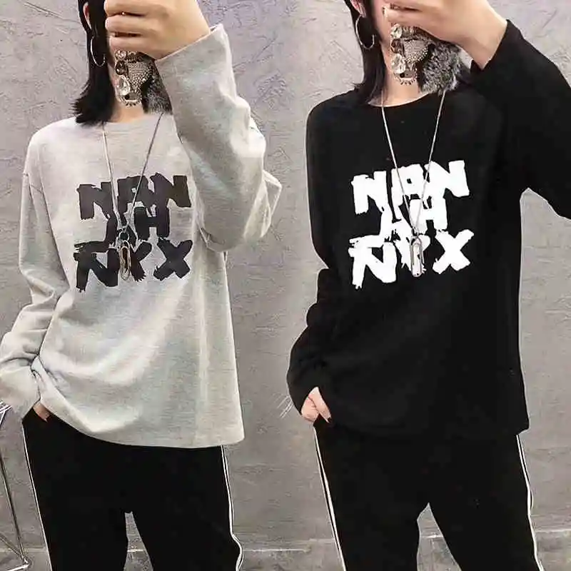 Online 2020 primavera nueva casual de manga larga suelta negro y blanco gris tres colores camisa 454