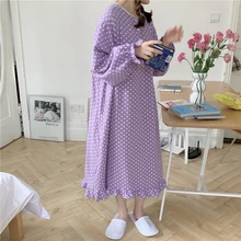 100% cotton polka dot nightgown women long sleeve loose home dress ruffles spring autumn crepe soft comfortable nightdress L557