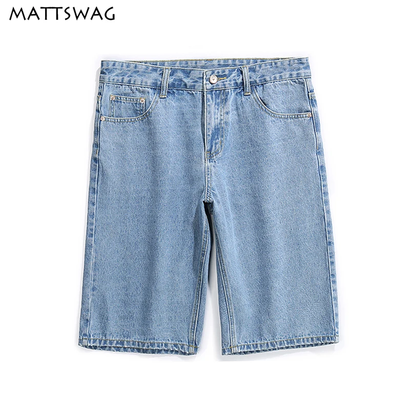 

MATTSWAG Casual Summer Mens Short Jeans Simple Loose Men Denim Shorts Pants Knee Length Solid Blue High Quality Jeans for Men
