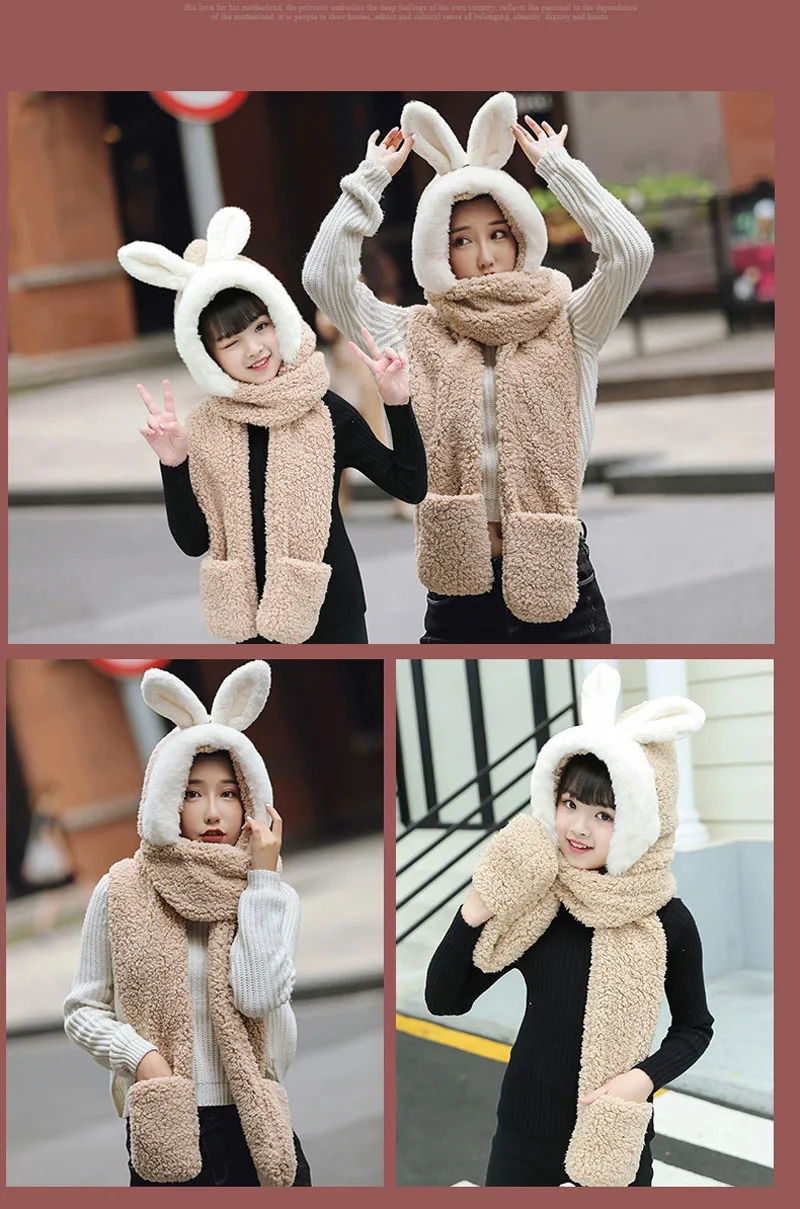 3 в 1 искусственный мех милый кролик уха полный капюшон мать-детский головной убор с длинным шарфом перчатки Рождественский подарок для женщин детская зимняя теплая