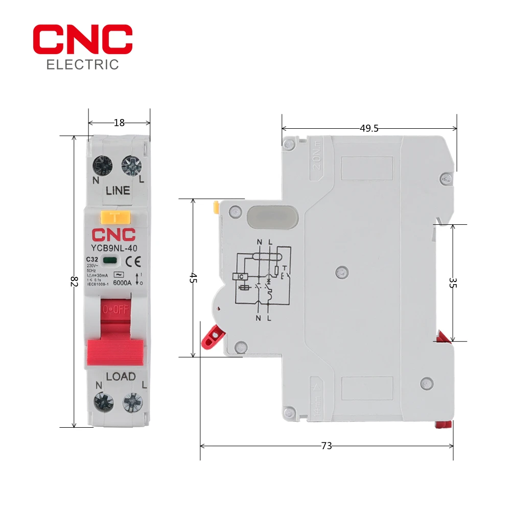 CNC YCB9NL-40 18mm 230V 50/60Hz MCB 30mA Residual Current Circuit Breaker with Over Current Protection RCBO
