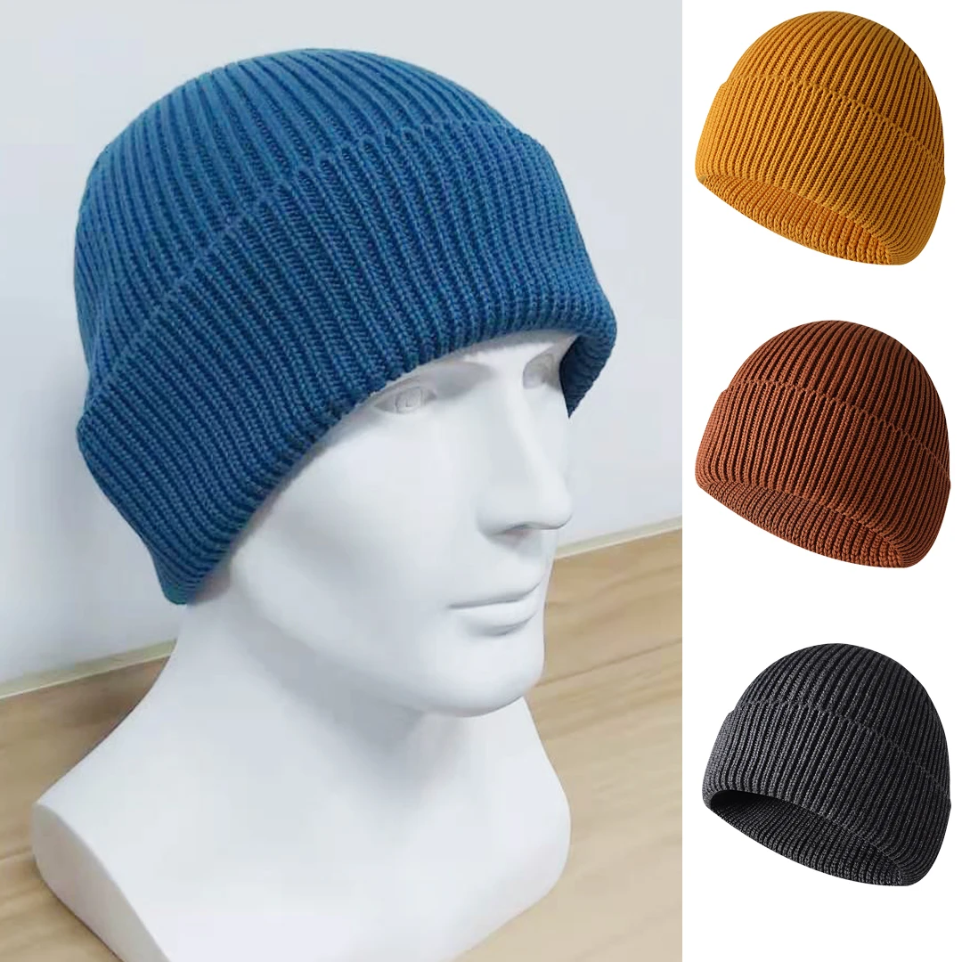 mens skully Simple Design Fall & Winter Men Hats Solid Color High Quality Skull Cap for Men Cotton Thick Knitted Beanies Gorros Men Cap mens skully hat