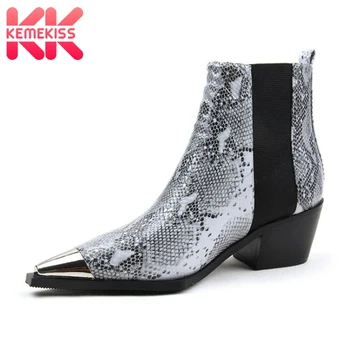 

KemeKiss Brand Ankle Boots Women Winter Hot Fashion Snake Print High Heel Boots Sexy Pointed Toe Autumn Shoes Women Size 34-43