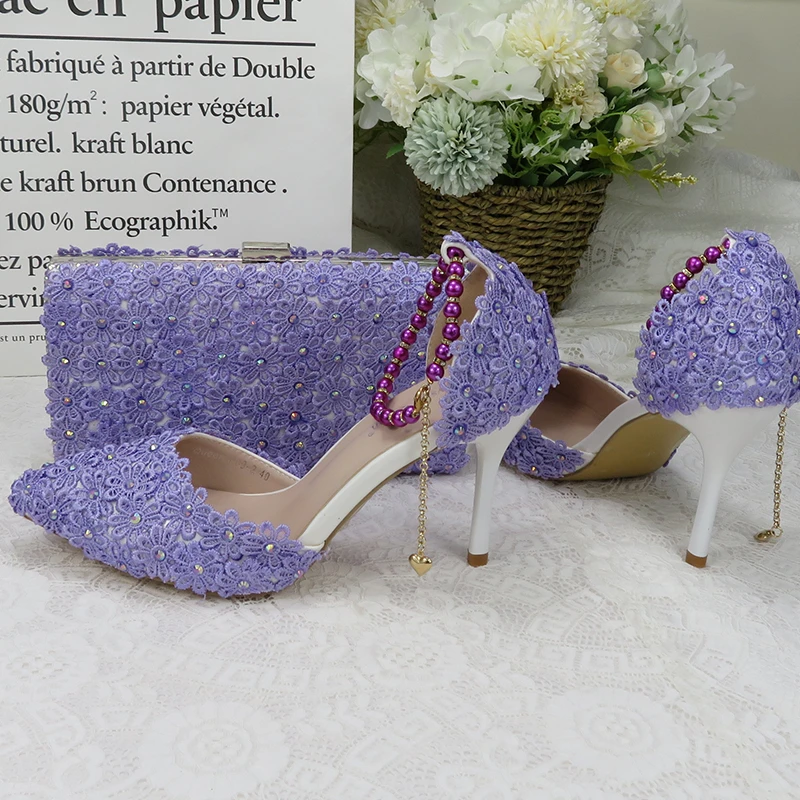 Women's Sandals 2021bride Wedding Shoes Purple Lace Flower Pointed Toe