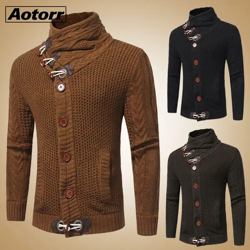 メンズカーディガンのセーターのコート新メンズ秋冬ソリッドタートルネックセーターカジュアル暖かいニットジャンパーセーター男性コート カーディガン Aliexpress
