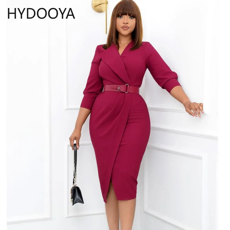 

Solid Color Bodycon Pencil Dresses for Women Notched Neck Long Sleeve Workwear Dress with Sashes Elegant Office Lady Split Dress