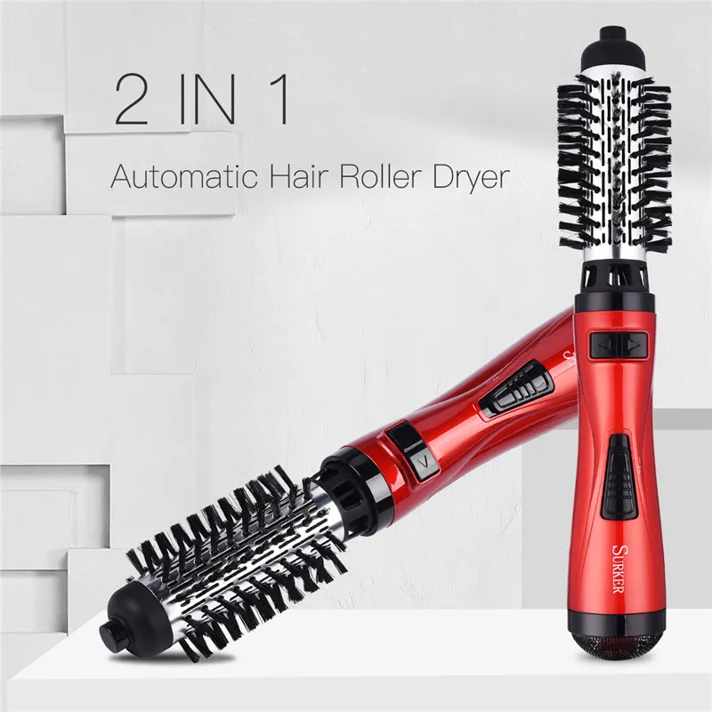 2 in 1 Professional 220V Auto Rotary 1000W Hair Blow Dryer Hair Curler Comb Hot Air Brush Straightener Styling Tools - Цвет: Красный